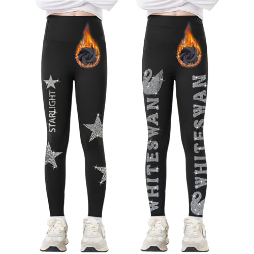 Tilozs Thermo Leggings Mädchen Gefütterte Winter Sport Leggings High Waist Elastisch Dicke Warm Hosen 2er-Pack mit Diamantdruck, Von Gänsen+Fünf Spitze Stern, 122-128(Herstellergröße: 130) von Tilozs