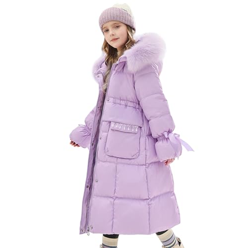 Tilozs Winterjacke Mädchen Wintermantel mit Fellkapuze Warme Mäntel Dicke Steppjacke Lang Daunenjacke, Lila, 128(Herstellergröße:130) von Tilozs