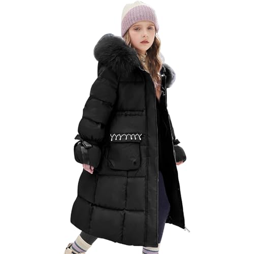 Tilozs Winterjacke Mädchen Wintermantel mit Fellkapuze Warme Mäntel Dicke Steppjacke Lang Daunenjacke, Schwarz, 134-140(Herstellergröße:140) von Tilozs