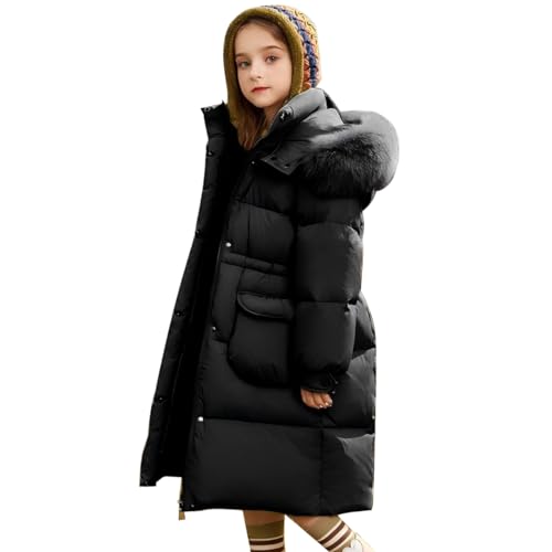 Tilozs Winterjacke Mittlere Länge Wintermantel Mädchen Steppjacke Kinder Kapuzenjacke Steppjacke Winddicht Daunenjacke Gürtel Parka Jacke, Schwarz, 146(Herstellergröße: 150) von Tilozs