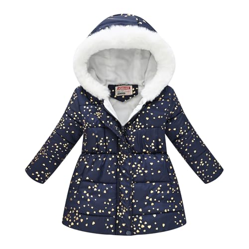 Tilozs Wintermantel Mädchen Winterjacke Kinder Daunenmantel mit Kapuze Warm Winddicht Gepolstert Jacke Outdoorjacke,Marineblaues Herz,134-140(Herstellergröße:140) von Tilozs