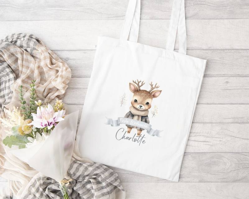 Großer Stoffbeutel Einkaufstasche Personalisiert Mit Namen Weiß | Weihnachten Geschenk Kinder Bedruckt Süßen Weihnachtsmotiven Mädchen von TimaloDE