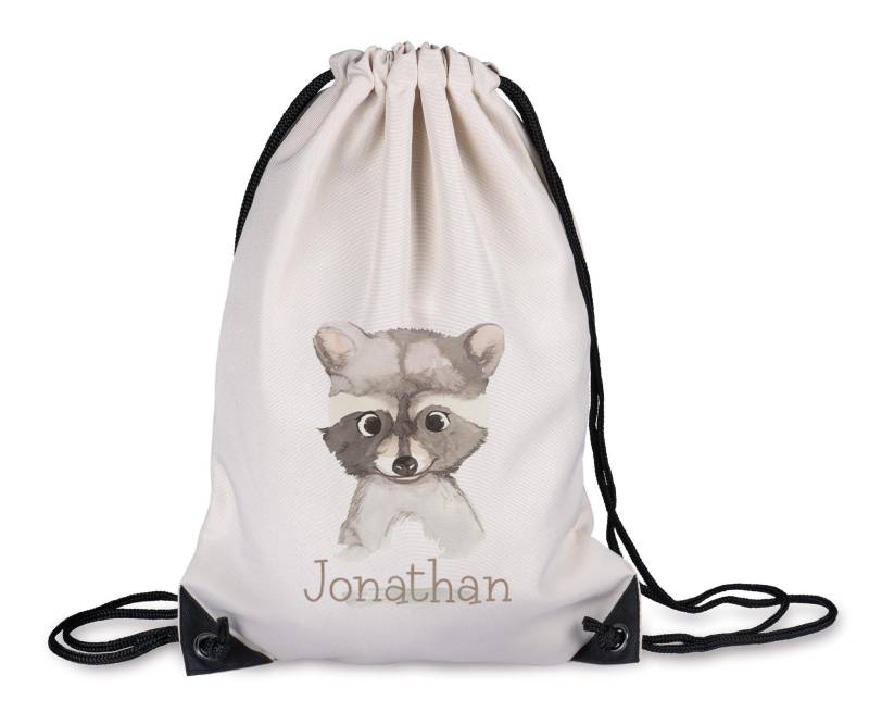 Kinder Turnbeutel Personalisiert Mit Namen | Sportbeutel Tiermotive Kindergarten Stoffbeutel Mädchen Jungen 08 - Waschbär von TimaloDE