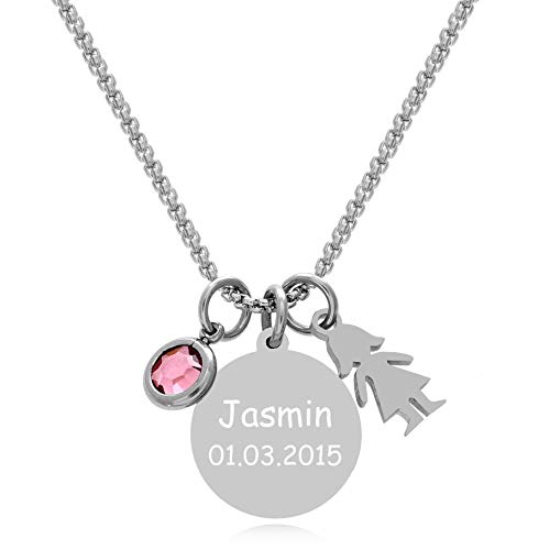 TIMANDO Damen Kette mit Gravur Mädchen Anhänger Name Datum Namenskette Personalisierte Kette Geschenk Geburt Taufe Kind Mütter Mama Kindernamen von TIMANDO