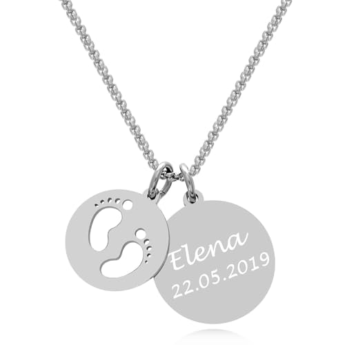 TIMANDO Damen Personalisierte Kette mit Gravur für Mütter, Namenskette mit Babyfüße Anhänger, Halskette mit Kindernamen zur Geburt, Geschenk für Mama von TIMANDO