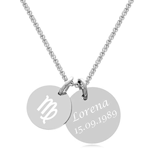 TIMANDO Damen Sternzeichen Kette mit Gravur Anhänger - Personalisierte Kette mit Sternzeichen Jungfrau - Geschenk für Frauen von TIMANDO