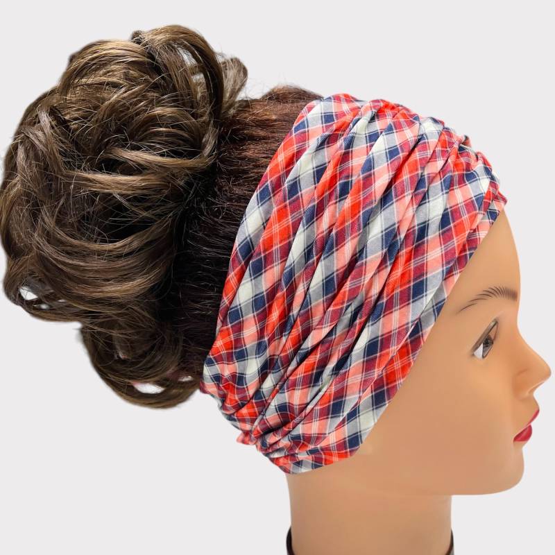Kariertes Scrunch Stirnband, Extra Breit Turban Jersey Boho Frauen Streifen Kariertes Stirnband von TimasHeadbands