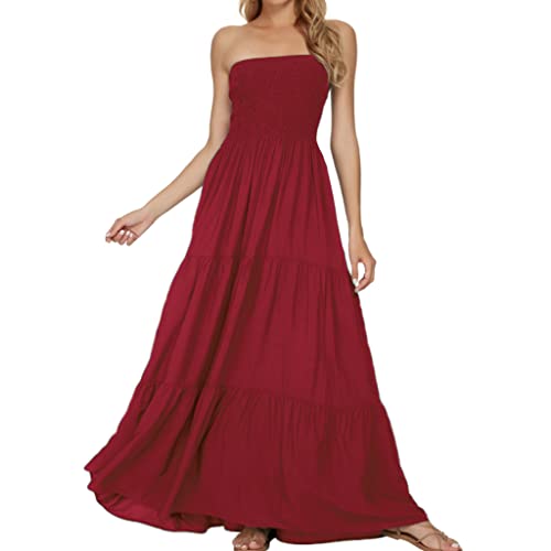 Timathous Damen Off-Shoulder Sommer Trägerlos Strand Böhmische Maxikleid, Langes Röhrenoberteil Kleider, Rotwein, M von Timathous