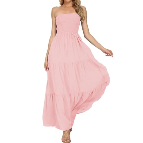Timathous Damen Off Shoulder Sommerkleid trägerlos Strand Bohemien Maxikleid Lange Röhre Kleid, Rosa 109, XL von Timathous