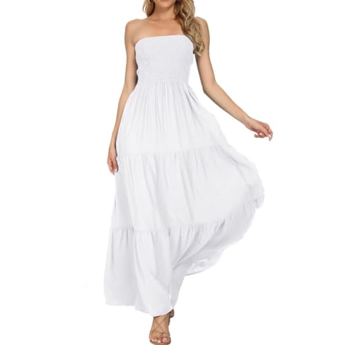 Timathous Damen Off Shoulder Sommerkleid trägerlos Strand Bohemien Maxikleid Lange Röhre Kleid, Weiß, S Timathous Damen Off Shoulder Sommerkleid trägerlos Strand Bohemien Maxikleid Lange Röhre Kleid, Weiß, S von Timathous
