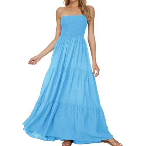Timathous Damen Off Shoulder Sommerkleid trägerlos Strand Bohemien Maxikleid Lange Röhre Kleid, hellblau, XL von Timathous
