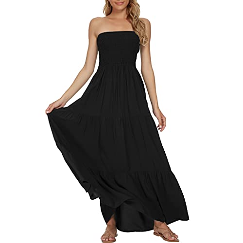 Timathous Damen Sommer Sommerkleidung Trägerlos Tube Top Maxikleider Schulterfrei Boho Strand Langes Kleid - Schwarz - Groß von Timathous