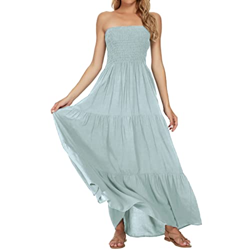 Timathous Damen Sommer Trägerlos Tube Top Maxikleider Schulterfrei Boho Strand Langes Kleid, Mint 109, Groß von Timathous