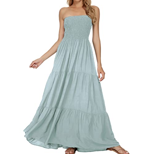 Timathous Frauen Aus Schulder Sommer Trägerlos Strand Bohemien Maxi Kleid,Lange Röhre Kleider Kleid, Hellgrün 2, XL von Timathous