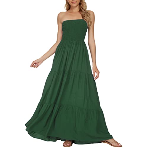 Timathous Frauen Aus Schulder Sommer Trägerlos Strand Bohemien Maxi Kleid,Lange Röhre Kleider Kleid, dunkelgrün, M von Timathous