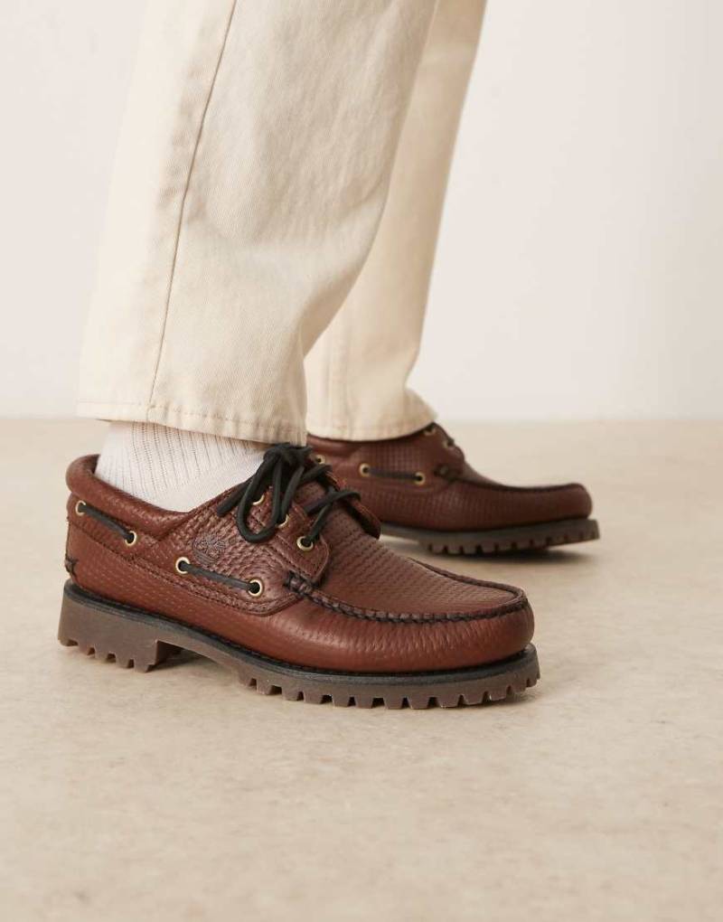 Timberland Authentic - Klassischer Bootsschuh aus mittelbraunem Leder mit All-over-Werbung und 3 Ösen-Brown von Timberland
