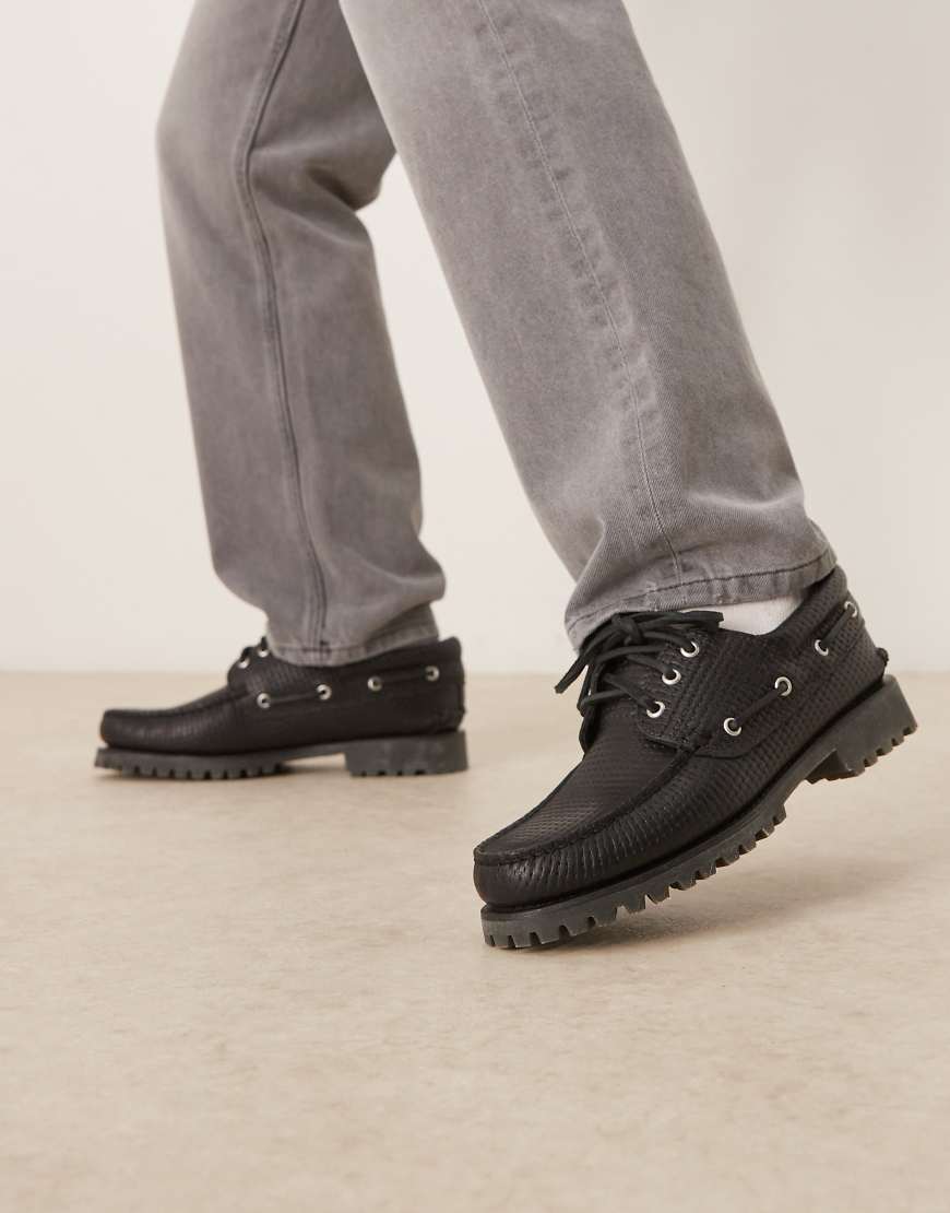 Timberland Authentic - Klassischer Bootsschuh aus schwarzem Leder mit All-over-Webung und 3 Ösen von Timberland