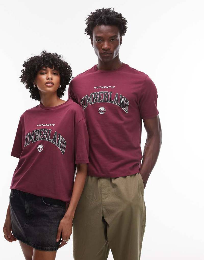 Timberland Authentic - Oversize-T-Shirt in Burgunderrot mit großem College-Logo auf der Brust von Timberland