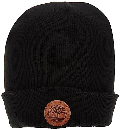 Timberland Herren Bündchen und Leder-Logo-Aufnäher Beanie-Mütze, schwarz, Einheitsgröße von Timberland