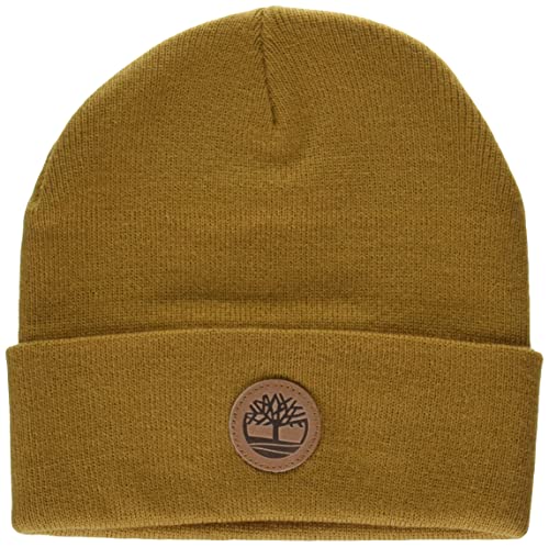 Timberland Herren Bündchen und Leder-Logo-Aufnäher Beanie-Mütze, weizenfarben, Einheitsgröße von Timberland