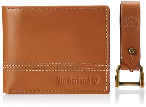 Timberland Herren Ledergeldbörse Slim Fold mit passendem Schlüsselanhänger, Geschenkset, Hellbraun, Einheitsgröße von Timberland