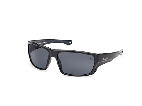 Timberland TB00002 Sonnenbrille Herren, Leichte Casual Sonnenbrille, Rechteckige Linsenform, Inklusive Etui, Polarisierte Rauchgläser, Glänzend Schwarz von Timberland