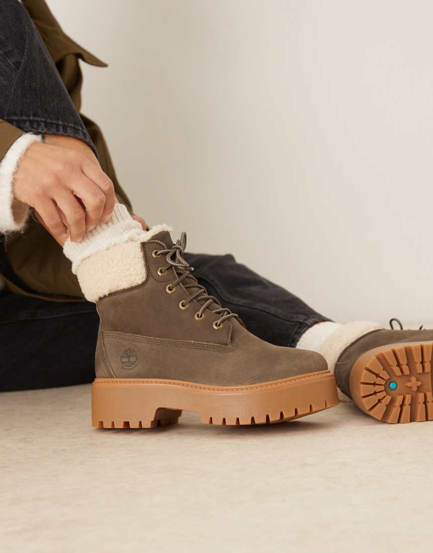 Timberland - Stone Street 6 Inch - Lederstiefel in Dunkelbraun mit Plateausohle und Teddy-Futter-Brown von Timberland