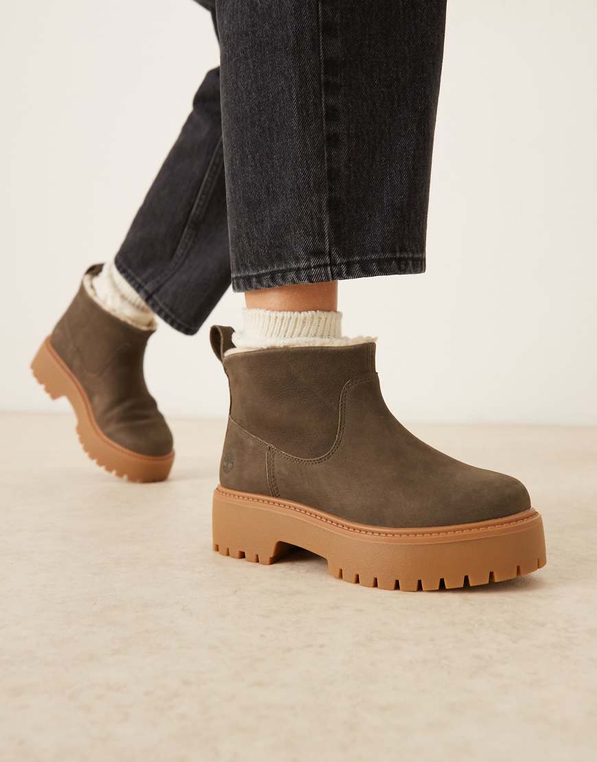 Timberland - Stone Street - Chelsea-Stiefel aus dunkelbraunem Leder mit Plateausohle und Teddy-Futter-Brown von Timberland