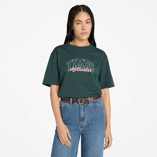 Timberland - Timberland Varsity Kurzarm-T-Shirt mit Grafik für Damen in Dunkelgrün, Frau, Grün, Größe: L von Timberland