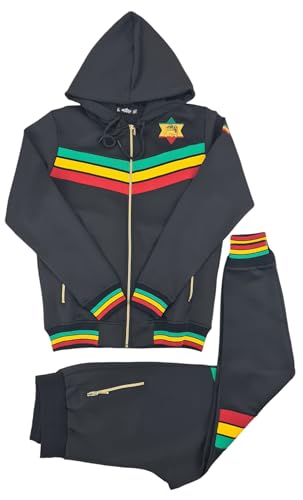 Time Is Money Herren Trainingsanzug mit Kapuze Doppel Rasta Streifen Jacke und Hose Jogginghose, Schwarz , L von Time Is Money