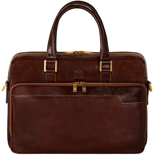 Time Resistance Aktentasche Leder Laptoptasche mit Schultergurt - Handgefertigt in Italien - Arbeitstasche - Businesstasche - Umhängetasche - Braun von Time Resistance