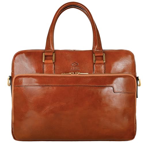 Time Resistance Aktentasche Leder Laptoptasche mit Schultergurt - Handgefertigt in Italien - Arbeitstasche - Businesstasche - Umhängetasche - Cognac Braun von Time Resistance