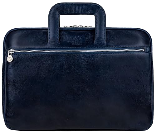 Time Resistance Schlanke Aktentasche aus Leder – Handgefertigte Italienische Computertasche aus Leder – Laptoptasche (Blau) von Time Resistance