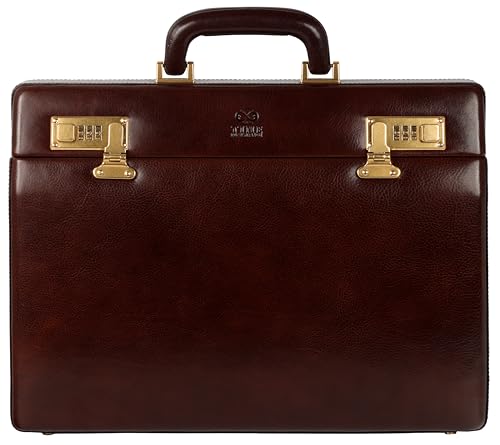 Time Resistance Leder-Attaché-Aktentasche Aktentasche aus vollnarbigem italienischem Leder – Laptoptasche bis zu 15 Zoll – Hartschale mit Schloss von Time Resistance