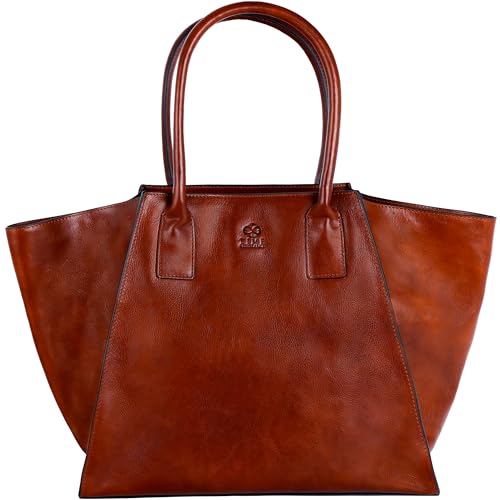 Time Resistance Leder Tote Bag – Handgefertigte Schultertasche aus Vollnarbenleder für Damen – Italienische Handtasche (Cognac-Braun) von Time Resistance