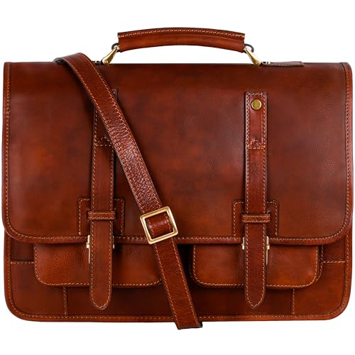 Time Resistance Lederaktentasche – Italienische handgefertigte Leder-Laptoptasche – Aktentasche mit Rucksackfunktion (Cognac Braun) von Time Resistance