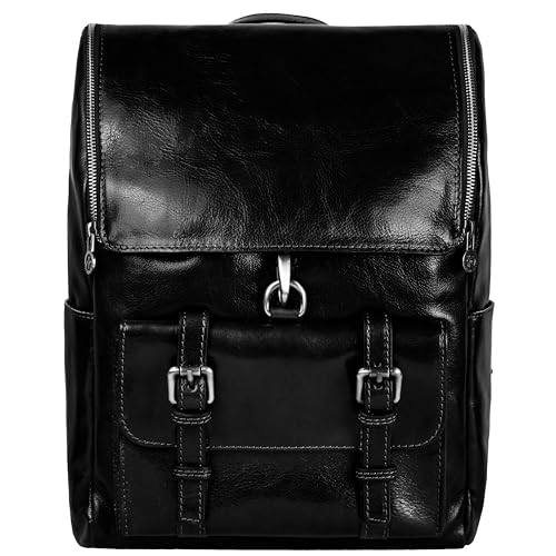 Time Resistance Schwarzer Leder-Rucksack Passend Für Laptops Bis Zu 15” - Großer Reiserucksack Für Männer Und Frauen - Unisex Vintage-Stil Rucksack - Vollnarbenleder Tasche von Time Resistance