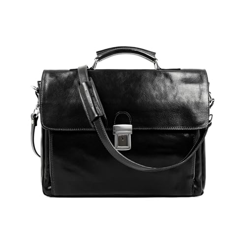 Time Resistance Schwarz Leder-Aktentasche, Laptoptasche, handgefertigt, abnehmbarer Gurt, Umhängetasche, Unisex von Time Resistance