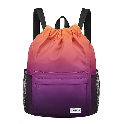 time2go Rucksack mit Kordelzug, Sportbeutel mit Netztaschen, wasserabweisend, Strandtasche für Damen und Herren, Orange / Violett von Time2go