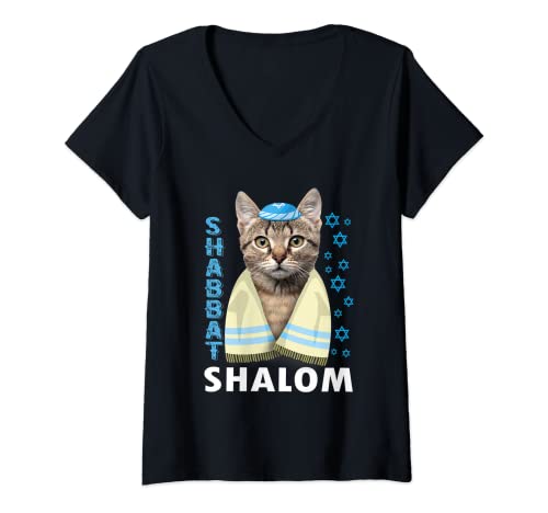 Damen Lustiges jüdisches T-Shirt, Shabbat Shalom, niedliche Katze mit Kippah T-Shirt mit V-Ausschnitt von TimeFor Shabbat Shalom T Shirts