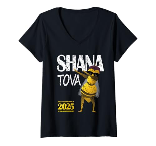 Damen Shana Tova Hebräische Rosh Hashanah 2025 Jüdische Dabbing Bee T-Shirt mit V-Ausschnitt von TimeForTShirt