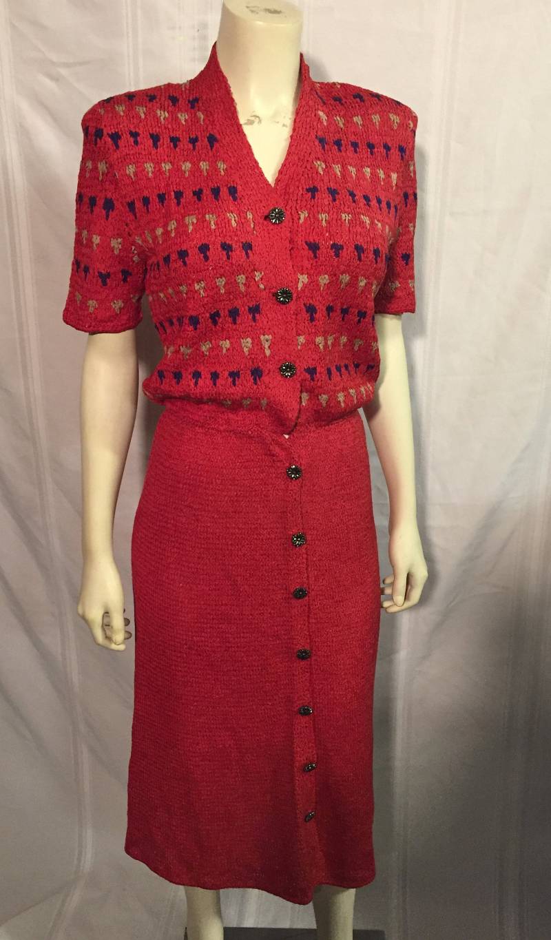 Jahrgang 1940 Es Red Button Down Crochet Ribbon Knit Dress Ankle Length von TimeWarpLLC