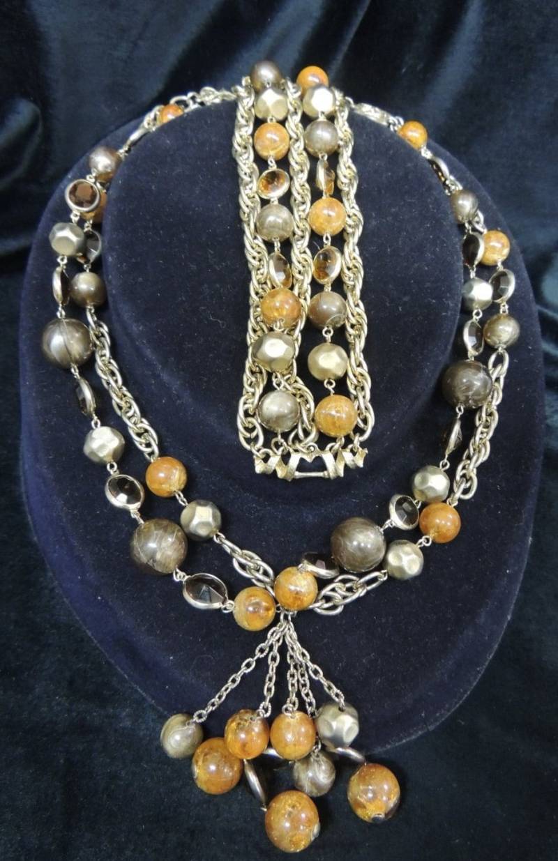 Vintage Halskette Kette Perle Marmor Zinn Bernstein Rauch Gold Chunky Armband Boho Retro Runway Bühnenbildner Kramer Herbstfarben Fallen Orange von TimeWarpLLC