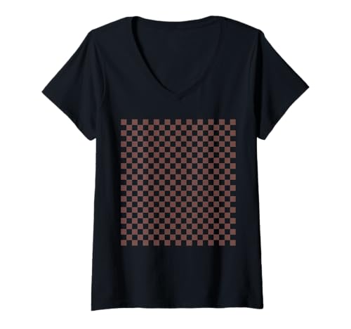 Damen Braunes Schachbrettmuster, kariert T-Shirt mit V-Ausschnitt Damen Braunes Schachbrettmuster, kariert T-Shirt mit V-Ausschnitt von Timeless Checkered Pattern Designs