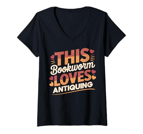 Damen Dieser Bücherwurm liebt Antiquitäten | Vintage Finds & Novels T-Shirt mit V-Ausschnitt von Timeless Tales & Treasures Co.