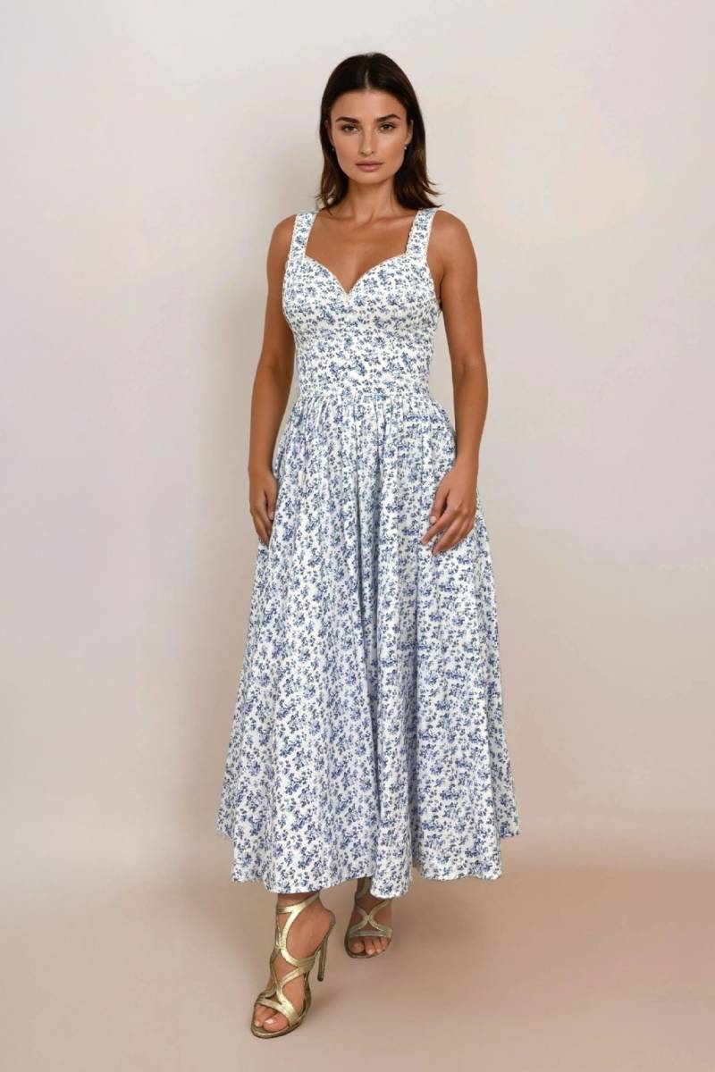 Bryson Floral Midikleid in Weiß und Blau von Timeless
