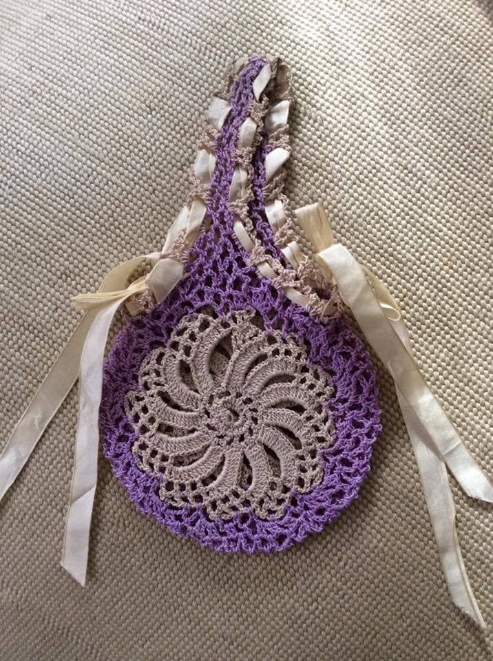 Edwardian Vintage 1920Er Jahre Handtasche Arbeit Tasche Geldbörse Handgemachte Lavendel Licht Beige Häkeln/Tatted/Needlework Loop Handle Stil von TimelessTreasuresVCB