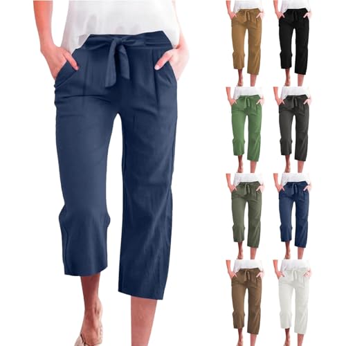 TIMELYE Sommer 3/4 Hose Damen Leinen Baumwolle Stoffhose Leicht Atmungsaktiv Yogahose Einfarbig Lässig Leinenhose Weites Bein Hosen mit Taschen Sommerhose Weich Bequem Sporthose für Frauen von TIMELYE