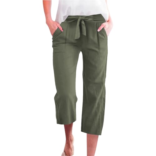 TIMELYE Sommer 3/4 Hose Damen Leinen Baumwolle Stoffhose Leicht Atmungsaktiv Yogahose Einfarbig Lässig Leinenhose Weites Bein Hosen mit Taschen Sommerhose Weich Bequem Sporthose für Frauen von TIMELYE