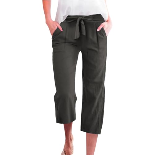 TIMELYE Sommer 3/4 Hose Damen Leinen Baumwolle Stoffhose Leicht Atmungsaktiv Yogahose Einfarbig Lässig Leinenhose Weites Bein Hosen mit Taschen Sommerhose Weich Bequem Sporthose für Frauen von TIMELYE
